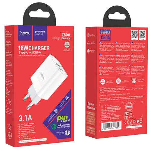 Cargador USB y USB-C 20W Hoco C80A Blanco