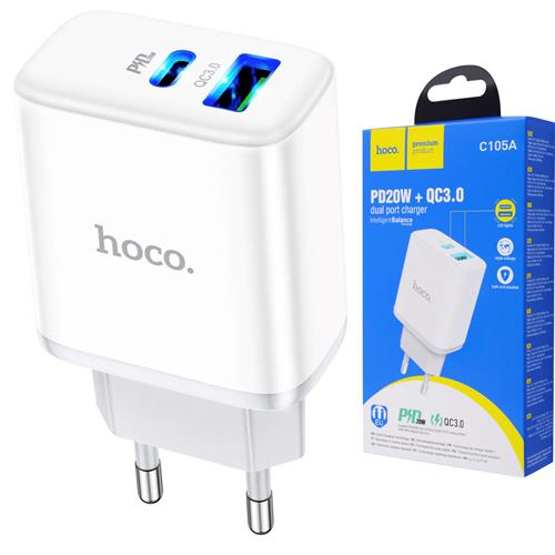 Cargador USB y USB-C 20W Hoco C105AQ Blanco