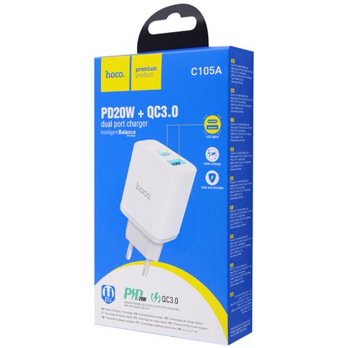 Cargador USB y USB-C 20W Hoco C105AQ Blanco