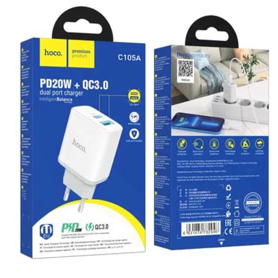 Cargador USB y USB-C 20W Hoco C105AQ Blanco