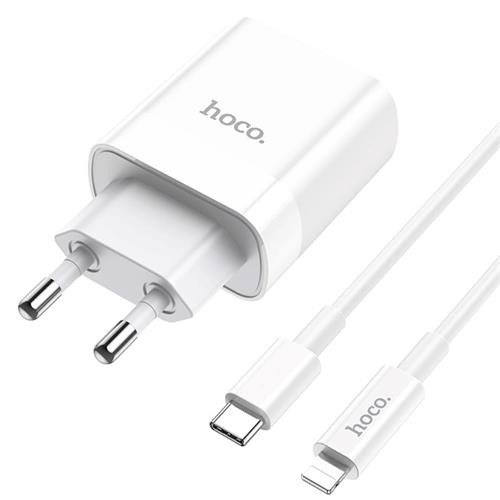 Cargador USB y USB-C 20W+ Cable USB-C a Lightning Hoco C80A Blanco