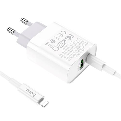 Cargador USB y USB-C 20W+ Cable USB-C a Lightning Hoco C80A Blanco
