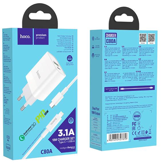 Cargador USB y USB-C 20W+ Cable USB-C a Lightning Hoco C80A Blanco