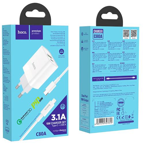 Cargador USB y USB-C 20W+ Cable USB-C a Lightning Hoco C80A Blanco