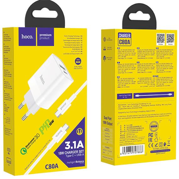 Hoco C80A Plus Cargador Rápido USB-A y USB-C 20W QC3.0 + Cable USB-C