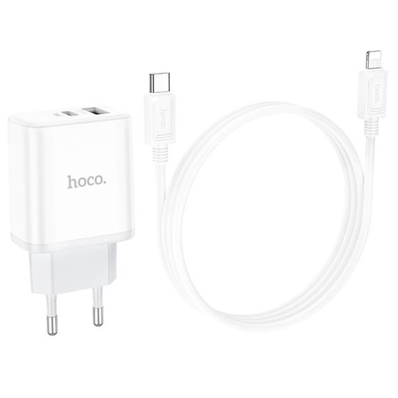 Cargador USB y USB-C 20W+ Cable USB a Lightning Hoco C105A Blanco