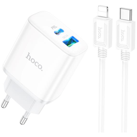 Cargador USB y USB-C 20W+ Cable USB a Lightning Hoco C105A Blanco