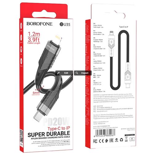 Cable USB-C a Lightning 1.2 metros 20w Borofone BU35 Cuerda Reforzado Negro