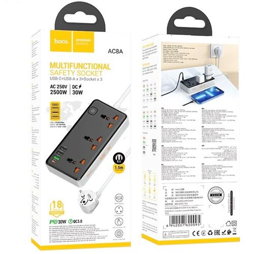 Hoco AC8A Regleta Multipaís con salidas USB 30W Negro