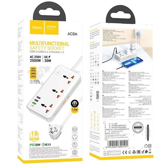 Hoco AC8A Regleta Multipaís con salidas USB 30W Blanco