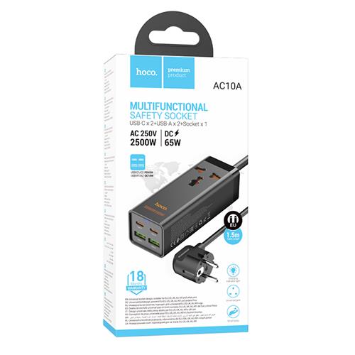 Cargador USB y USB-C 65W entrada Multipaís Hoco AC10A Negro