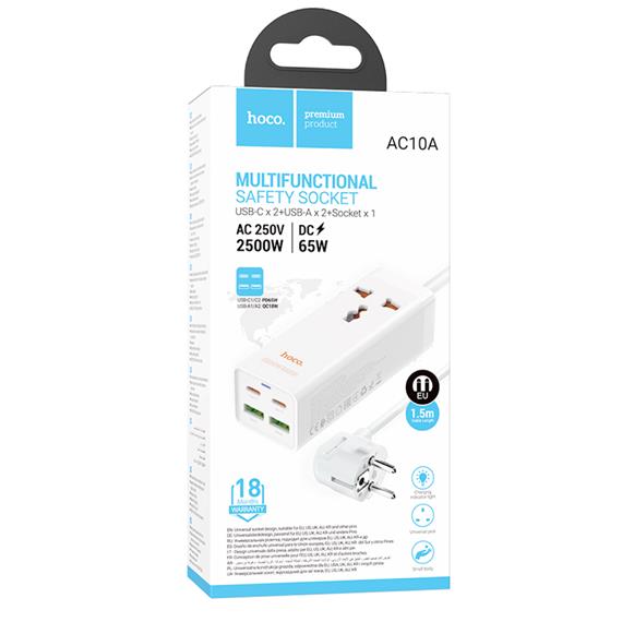 Cargador USB y USB-C 65W entrada Multipaís Hoco AC10A Blanco
