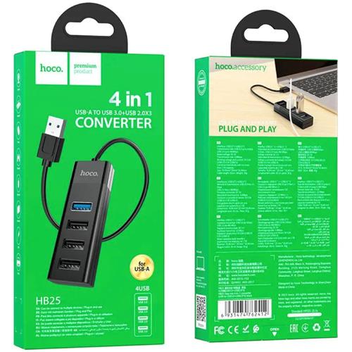 Hoco HB25 Hub USB con 4 Puertos (1x USB 3.0 y 2x USB 2.0) Negro