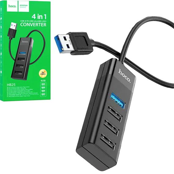 Hoco HB25 Hub USB con 4 Puertos (1x USB 3.0 y 2x USB 2.0) Negro