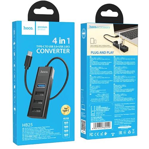 Hoco HB25 Hub USB-C con 4 Puertos (1x USB 3.0 y 2x USB 2.0)  Negro