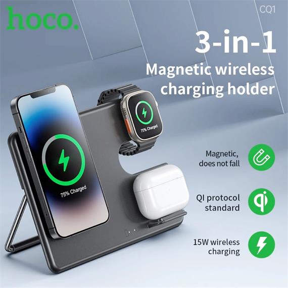 Hoco CQ1 Cargador 15W Inalámbrico y Magnético 3-1 para iPhone, watch y Airpods