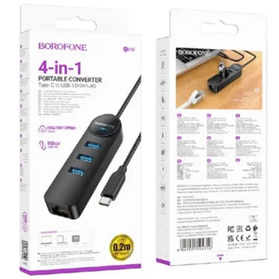 Borofone DH6 Hub USB-C con 3 puertos USB 3.0 y RJ45 1000/100