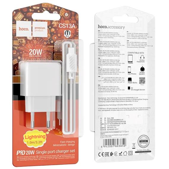 Cargador USB-C 20W+ Cable USB-C a Lightning Hoco CS13A Blanco
