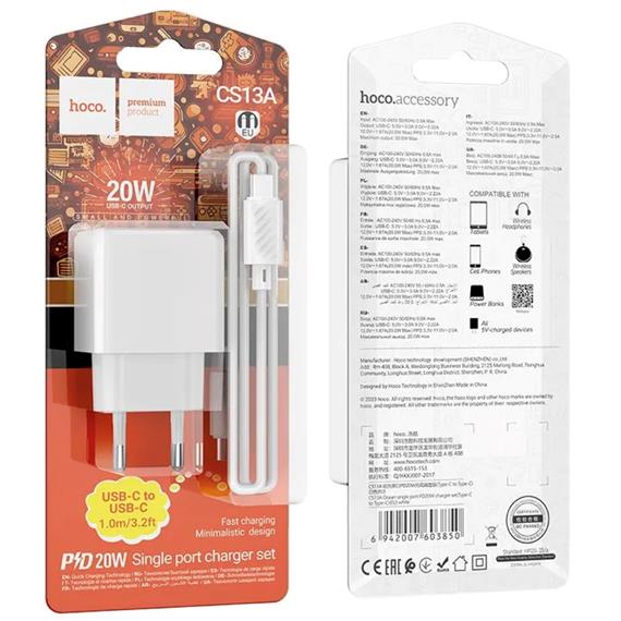 Cargador USB-C 20W + Cable USB-C a USB-C Hoco CS13A Blanco