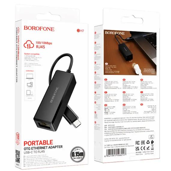 Borofone DH7 Adaptador USB-C a RJ45 Ethernet 100 Mbps Negro