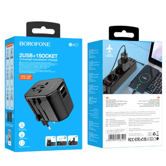 Borofone BAC1 Adaptador y Cargador Mundial con 2x USB