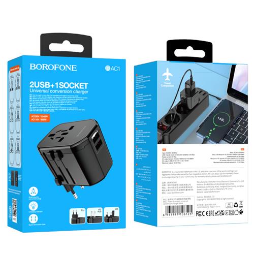 Borofone BAC1 Adaptador y Cargador Mundial con 2x USB