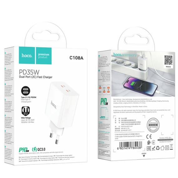 Cargador USB-C 35W X2 Hoco C108A Blanco