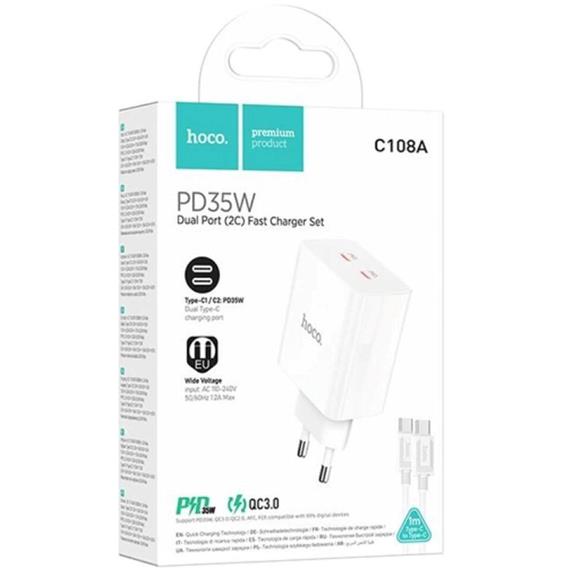 Cargador USB-C 35W x2 + Cable USB-C Hoco C108A Blanco