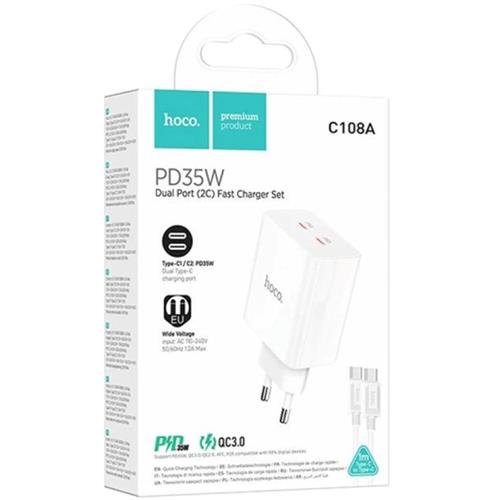Cargador USB-C 35W x2 + Cable USB-C Hoco C108A Blanco