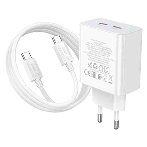 Cargador USB-C 35W x2 + Cable USB-C Hoco C108A Blanco