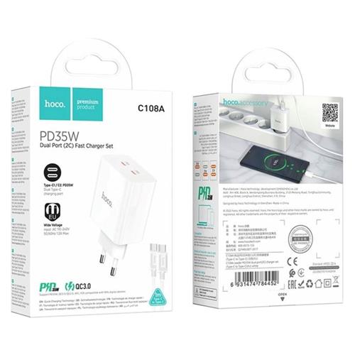 Cargador USB-C 35W x2 + Cable USB-C Hoco C108A Blanco