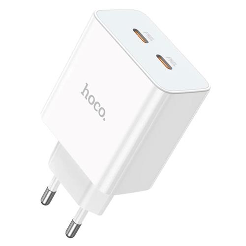 Cargador USB-C 35W x2 + Cable USB-C Hoco C108A Blanco