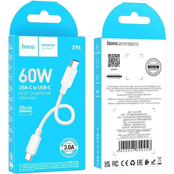 Cable USB-C a USB-C 0.25 metros 60w Hoco X96 Blanco