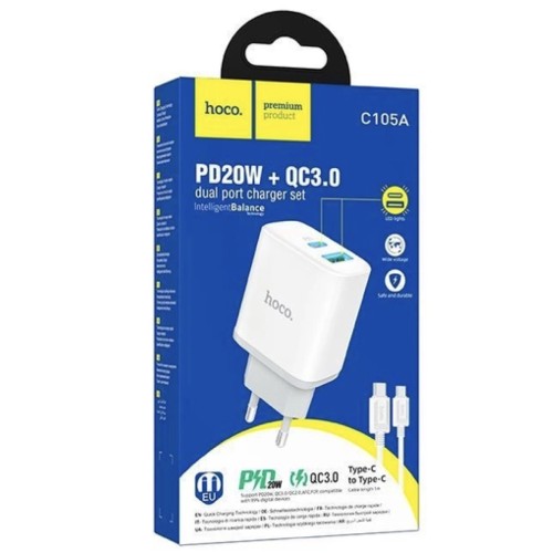 Cargador USB y USB-C 20W + Cable USB-C a USB-C Hoco C105A Blanco