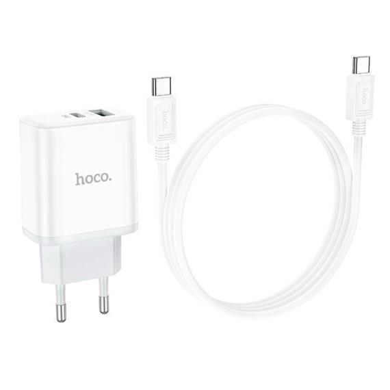 Cargador USB y USB-C 20W + Cable USB-C a USB-C Hoco C105A Blanco