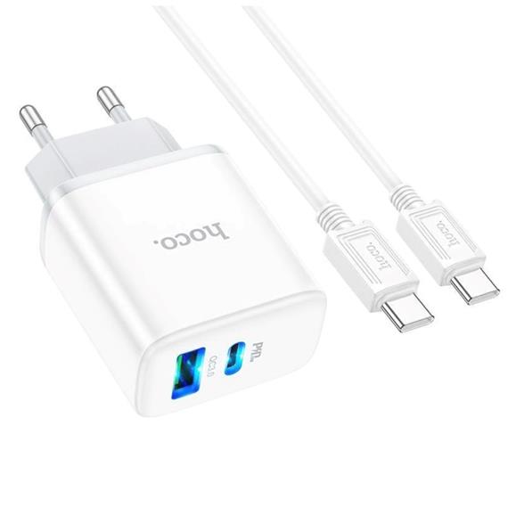 Cargador USB y USB-C 20W + Cable USB-C a USB-C Hoco C105A Blanco