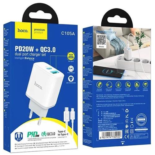 Cargador USB y USB-C 20W + Cable USB-C a USB-C Hoco C105A Blanco
