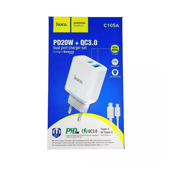 Cargador USB y USB-C 20W + Cable USB-C a USB-C Hoco C105A Blanco