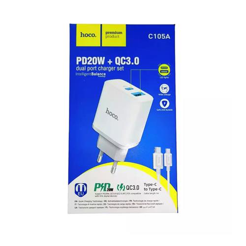 Cargador USB y USB-C 20W + Cable USB-C a USB-C Hoco C105A Blanco