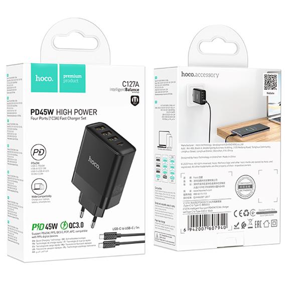 Cargador USB+ USB-C four-port PD45W + Cable USB-C a USB-C Hoco 127A Black
