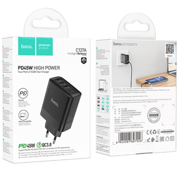 Cargador USB y USB-C 45W Hoco C127A QC 3.0 con 4 Puertos Black