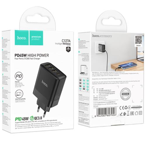Cargador USB y USB-C 45W Hoco C127A QC 3.0 con 4 Puertos Black