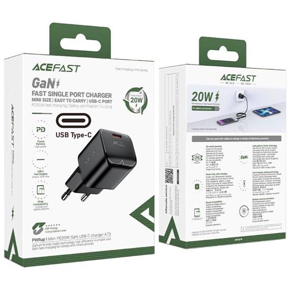 Cargador USB-C Acefast A73 Mini PD20W GaN Negro