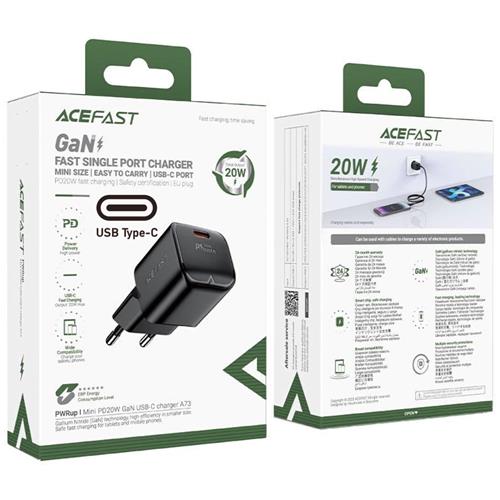 Cargador USB-C Acefast A73 Mini PD20W GaN Negro
