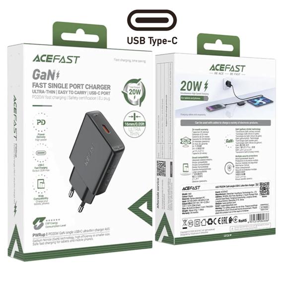 Cargador USB-C Acefast A65 PD20W GaN Ultra Plano Negro