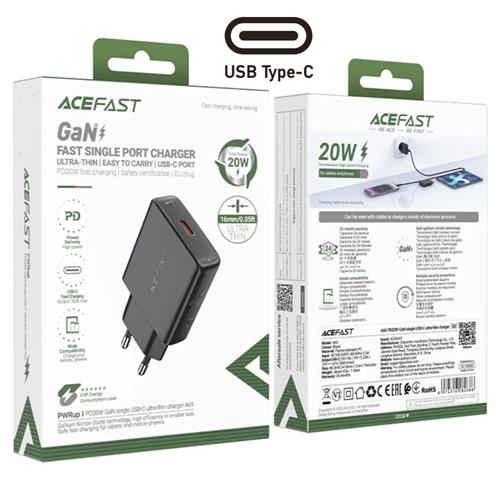 Cargador USB-C Acefast A65 PD20W GaN Ultra Plano Negro