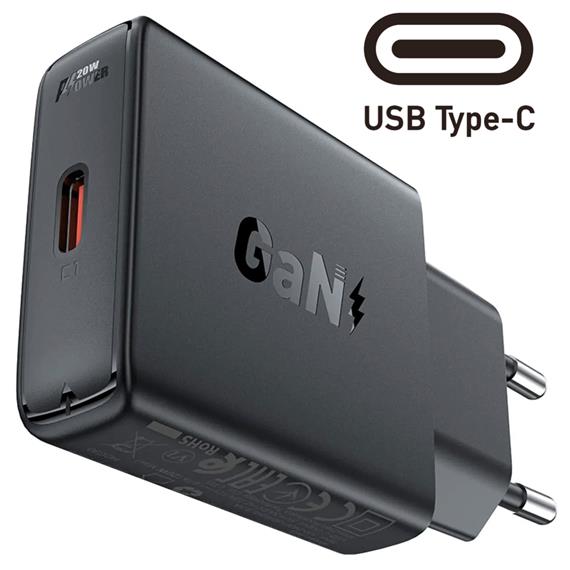 Cargador USB-C Acefast A65 PD20W GaN Ultra Plano Negro