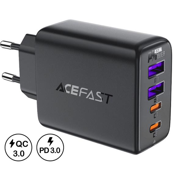 Cargador USB-C  Acefast A61 PD45W GaN 2x USB-C+ 2x USB-A Negro