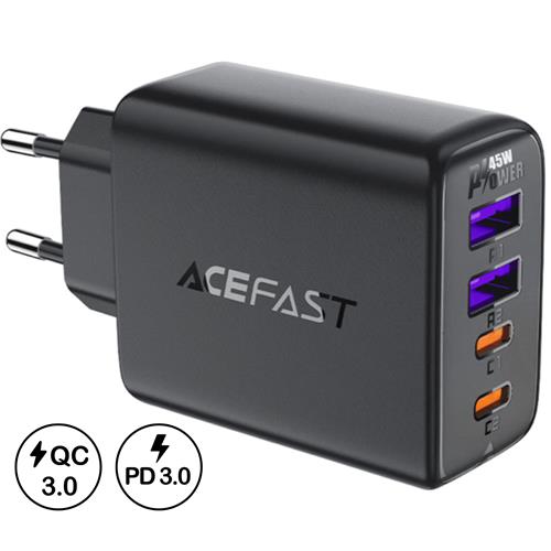 Cargador USB-C  Acefast A61 PD45W GaN 2x USB-C+ 2x USB-A Negro