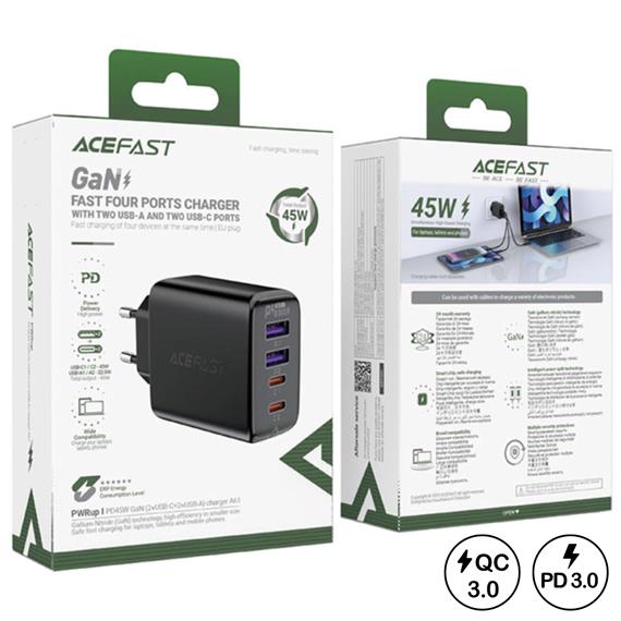 Cargador USB-C  Acefast A61 PD45W GaN 2x USB-C+ 2x USB-A Negro
